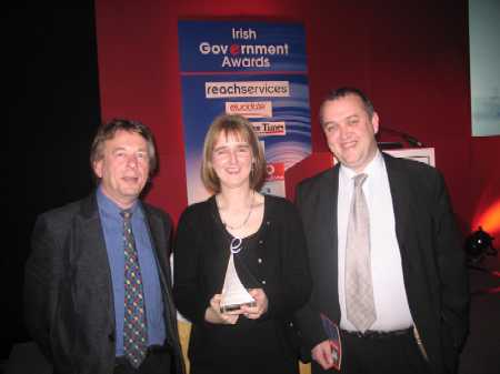 Receiving the Award, Karel Kiely of IFHF, with Reg Youster and Kevin Kelly of Kildare Web Services